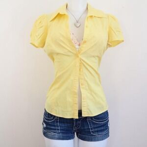 yellow puff sleeve blouse button up coquette fitted top